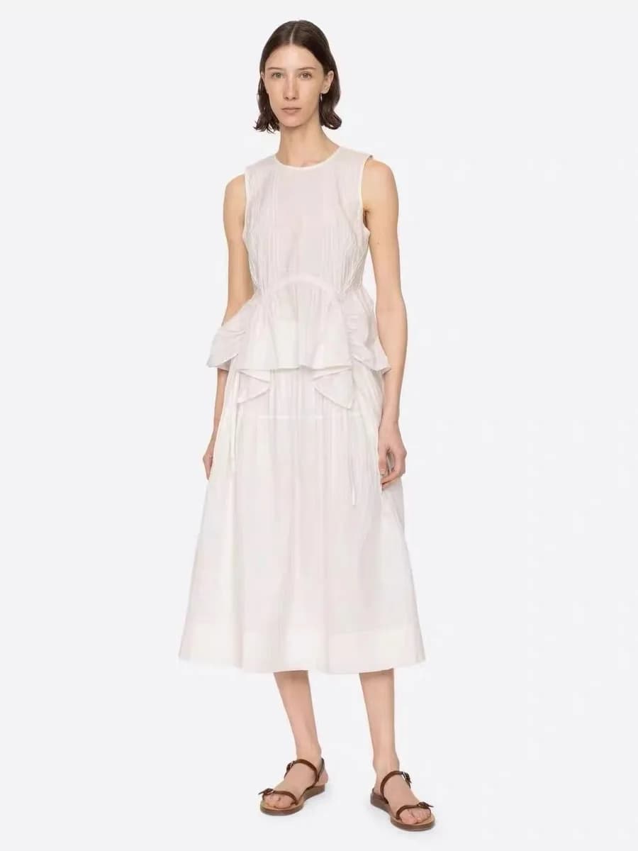 Elegant Asymmetric Waist-Cinching Sleeveless Top with Elastic Waist Half Skirt Women's Fashion Loose Fit round Neck Shirt