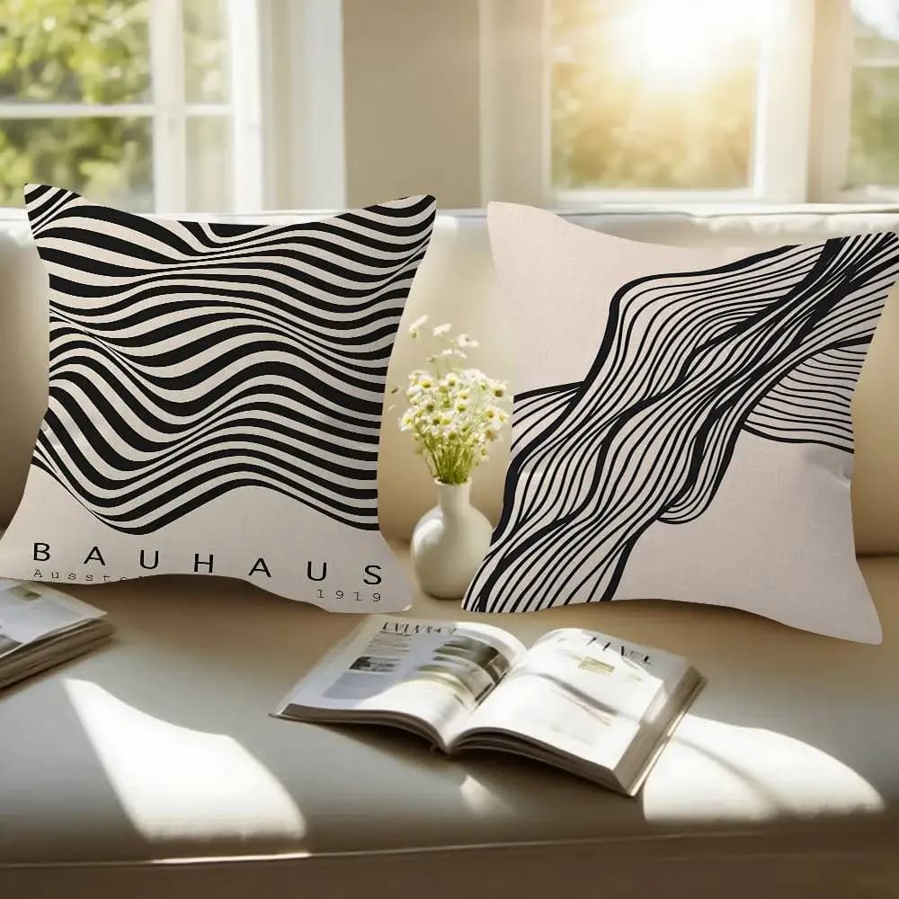 Cushion/feet sheet with abstract geometric pattern Bauhaus style, black and beige lines, for living sofa, home decoration, customizable