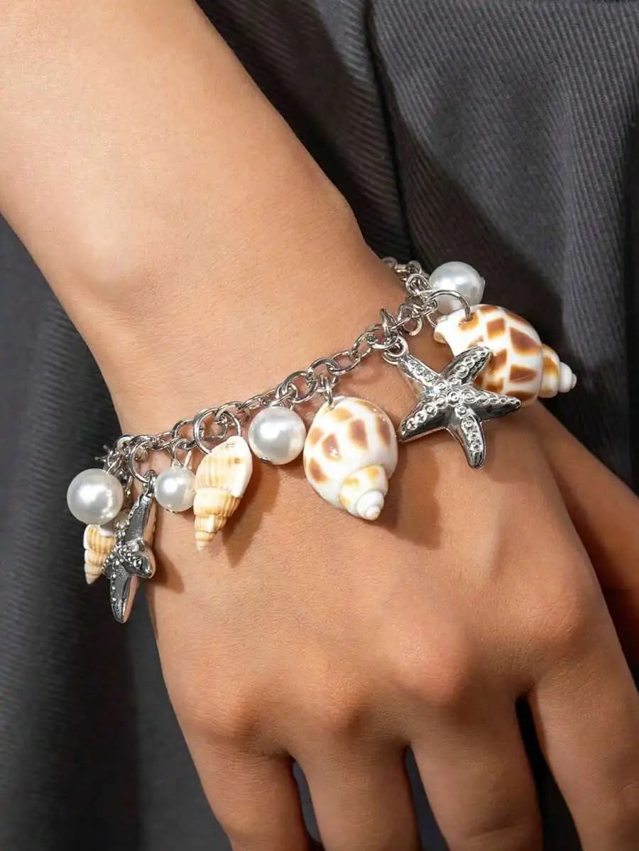 Bracciale con ciondoli a forma di stella marina e conchiglia in finta perla, stile oceano, per donna, gioielli per feste estive in spiaggia