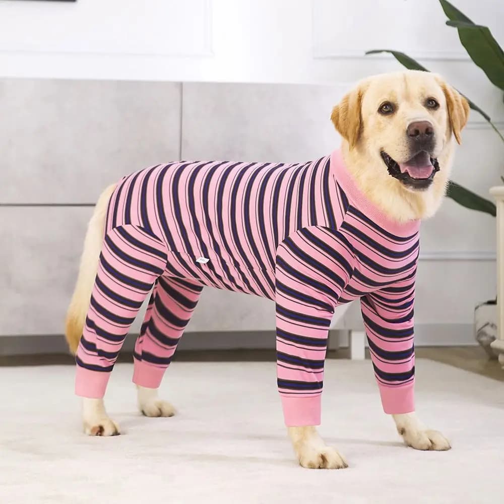 Tuta a Quattro Zampe per Cuccioli con Motivo a Righe, Abbigliamento per Cani in Poliestere alla Moda, Pigiama Morbido per Cani, Autunno