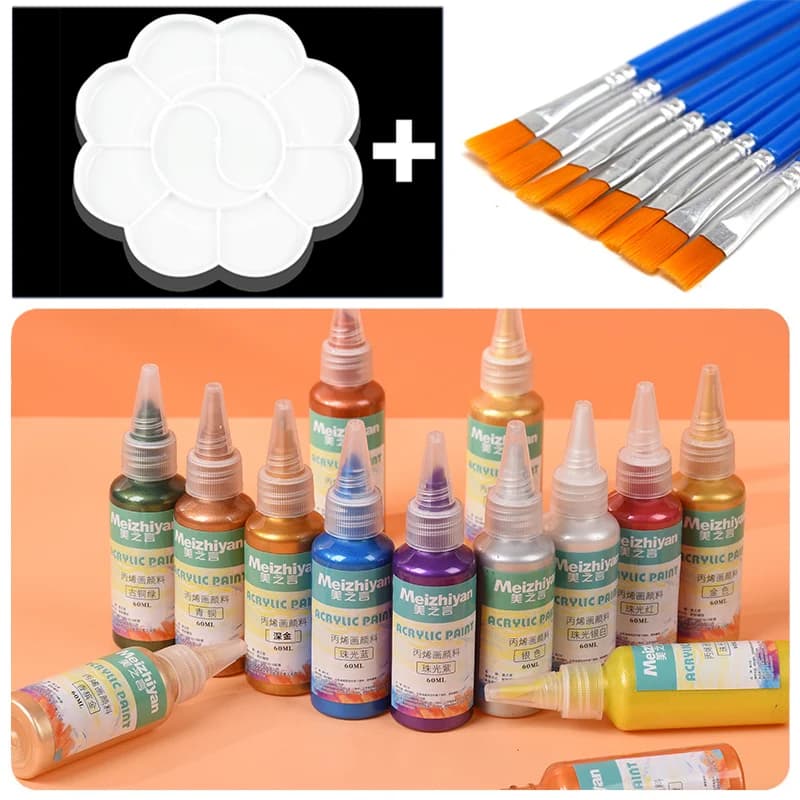 60ml Golden Acrylic Paint Set & 10Pcs Painting Brushes Color Palette Metal Pearlescent Hand-Painted Gypsum Glue DIY Pigments Set