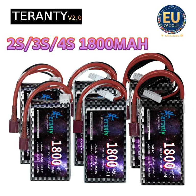 2PCS Teranty V2.0 1800mAh RC Lipo Battery 7.4V 11.1V 14.8V Lithium Battery For RC Helicopter Car Excavator Boat RC Model Toy