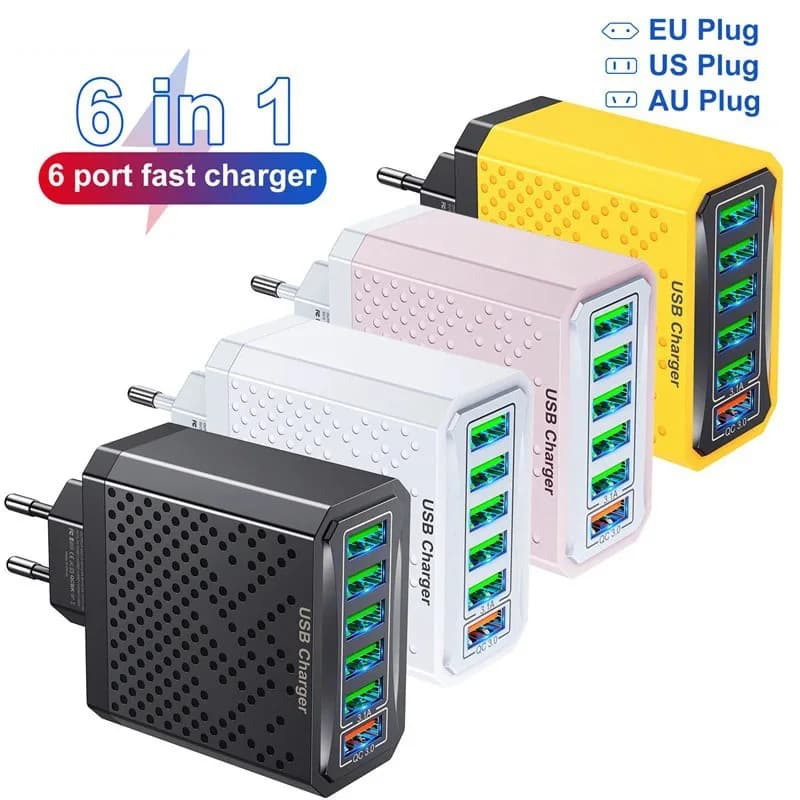 Testa di ricarica multiporta 6 in 1 testa di ricarica rapida 5 v3a ricarica rapida Qc3.0 per Samsung S23 Xiaomi Eu/kr/us/uk spina adattatore