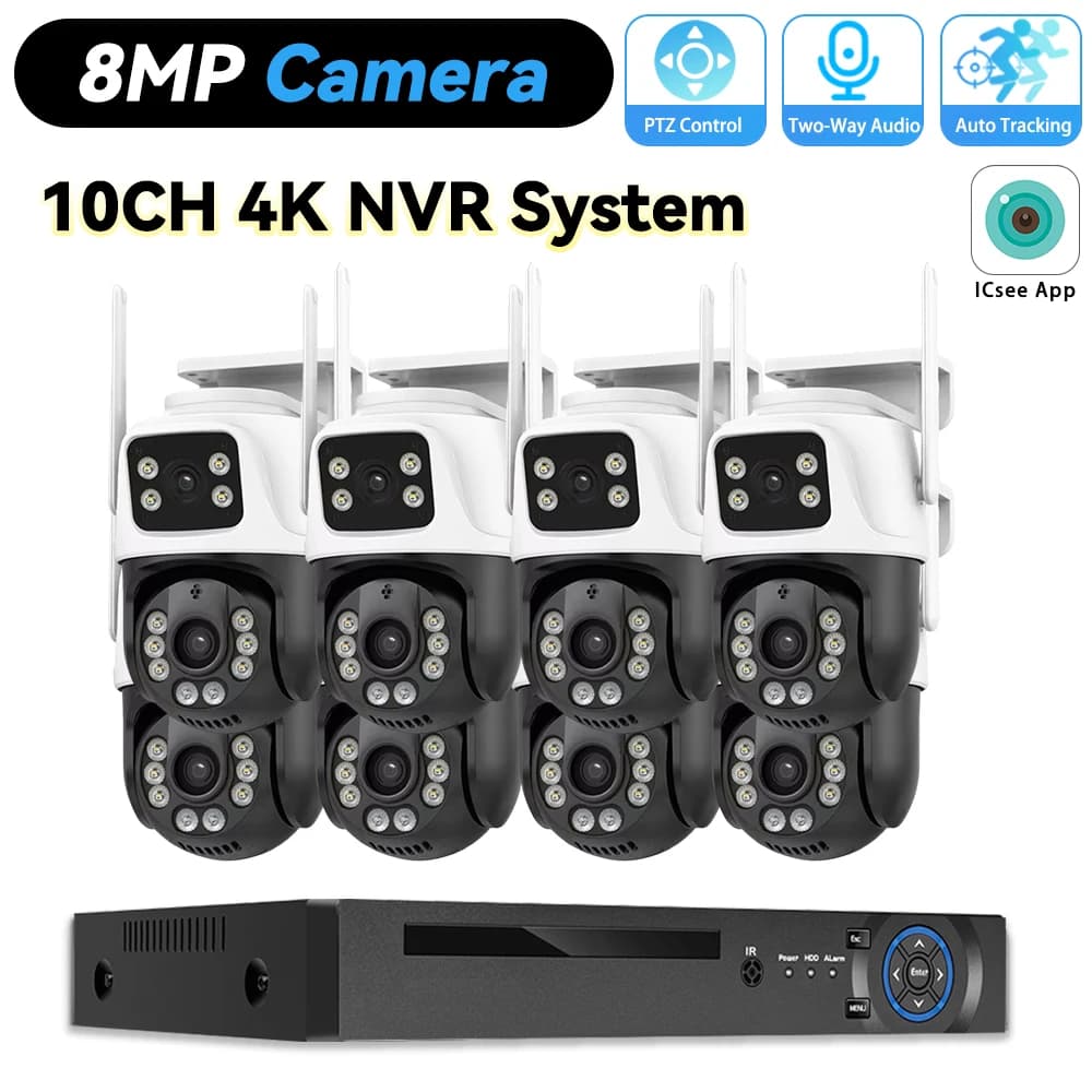 Audio Record Dual Lens WIFI PTZ Camera System 8MP 4K 10CH POE NVR Security IP Set CCTV Video Surveillance Protection XMEYE APP
