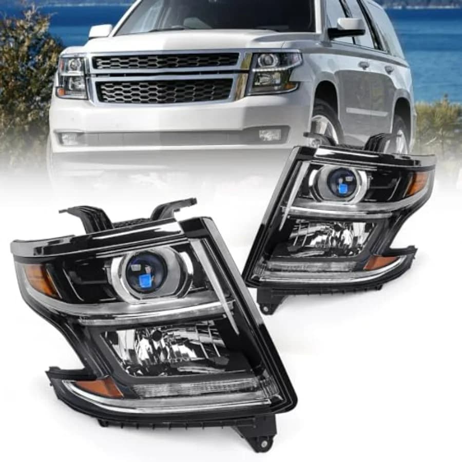 Fari anteriori LR compatibili con Chevy Tahoe/Suburban 2015-2020, LED DRL, alogeni, alloggiamento nero, senza lampadine, lato sinistro + destro