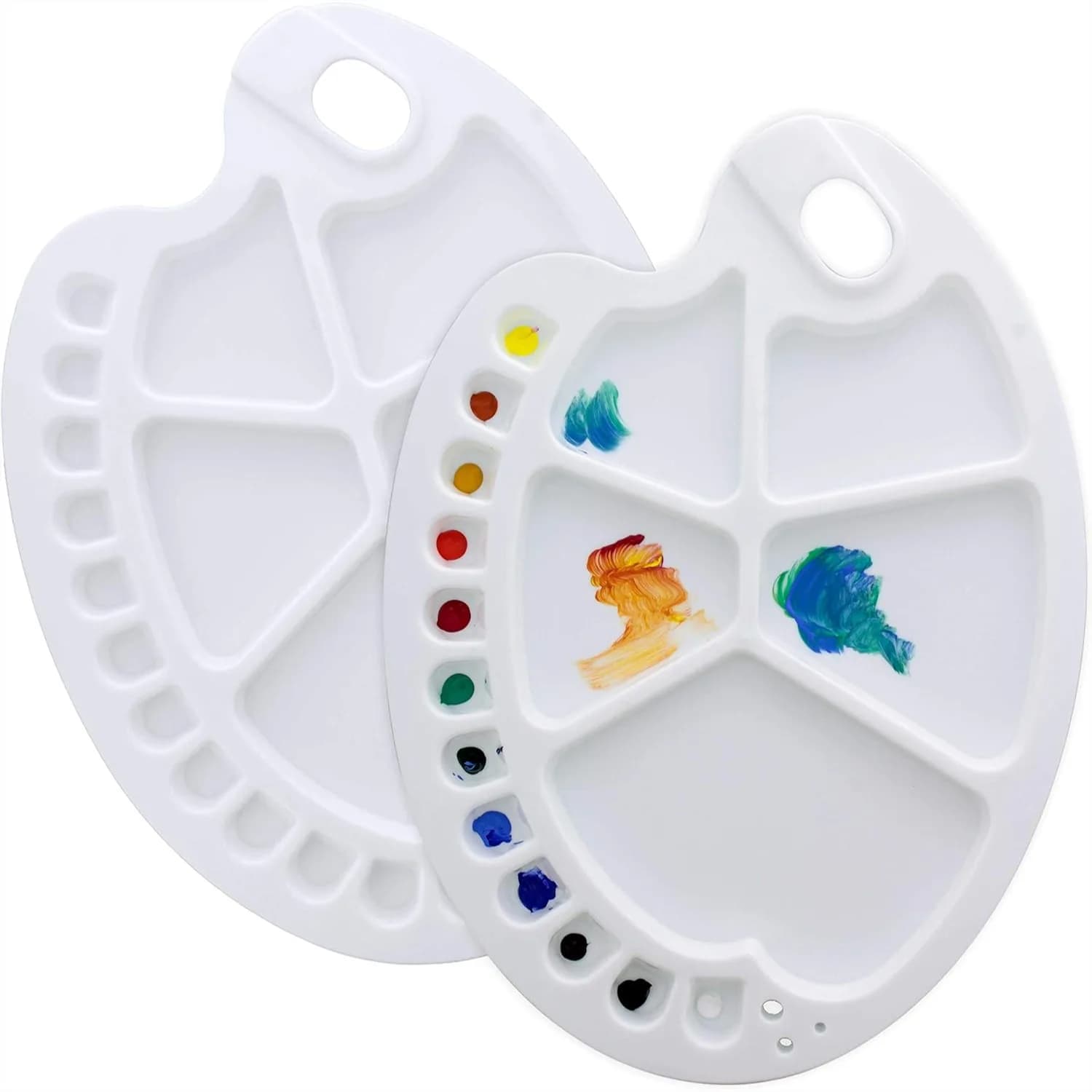 Clear Oval Acrylic Painting Palette 10x13.5in with 17 Wells for Artists - 2 Pack Plastic Mixing Tray for Acrylic and Oil Paint