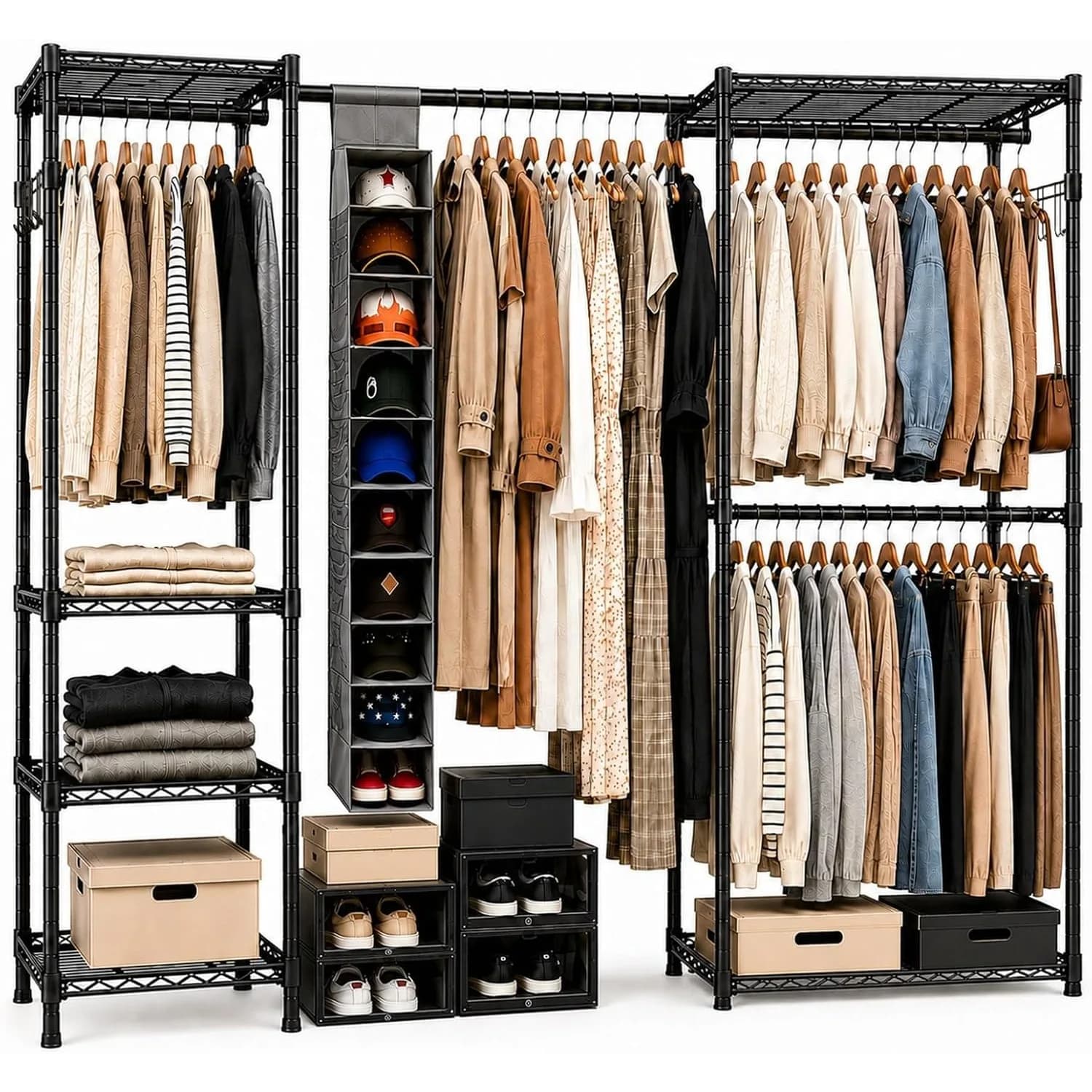 Heavy Duty Clothing Rack with Shelves and Hat Storage Bag, Expandable Garment Rack Closet Organizer, Metal Clothes Rack with Hanging Rods, Freestanding Open Wardrobe System for Bedroom
