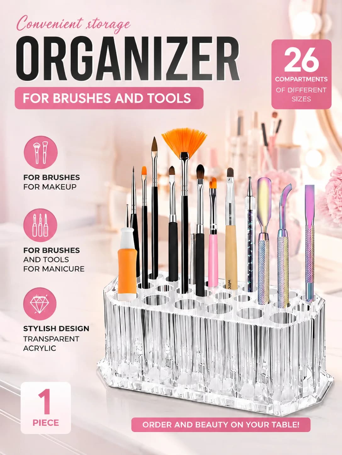 Multifunctional Exhibitor in Transparent Acrylic with 26 Tips for Makeup Brushes and Nail Art Tools