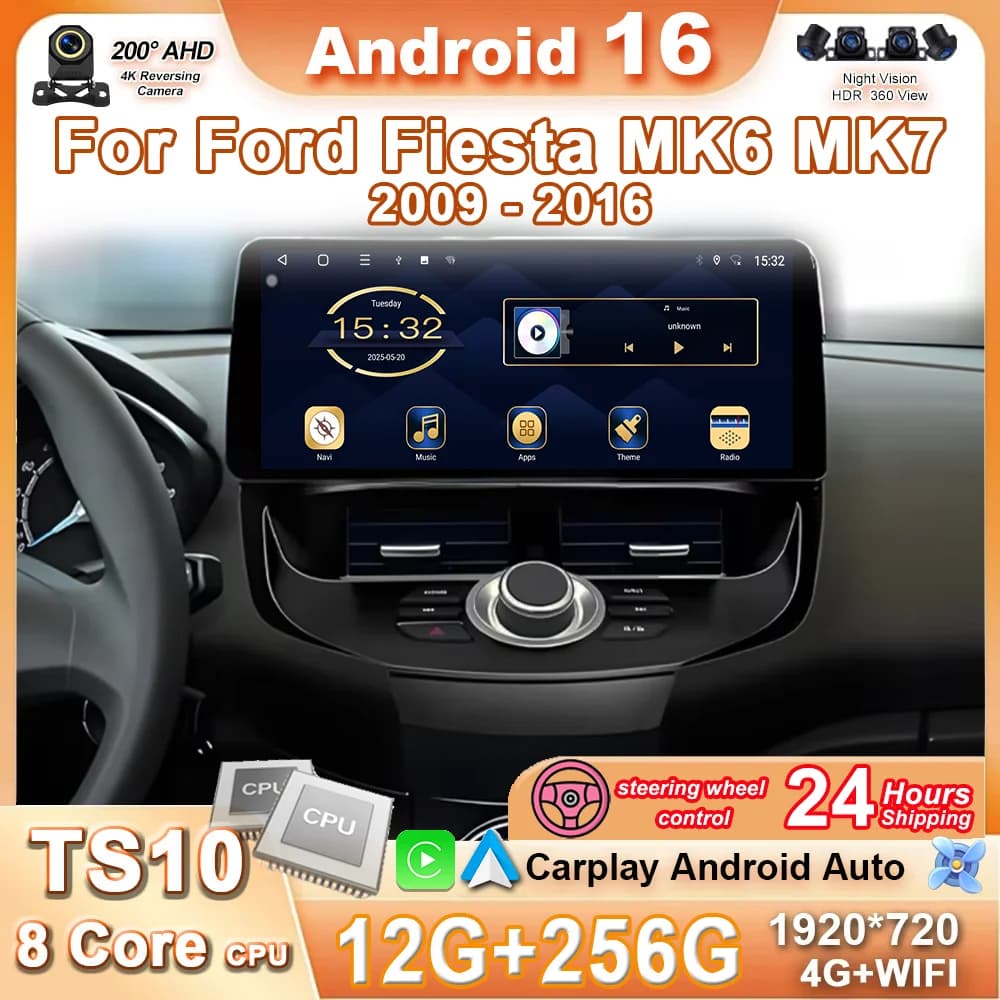 Autoradio Android 16 da 12,3 Pollici per Ford Fiesta MK6 MK7 2009-2016, Lettore Multimediale Video, Navigazione GPS, Schermo Touch