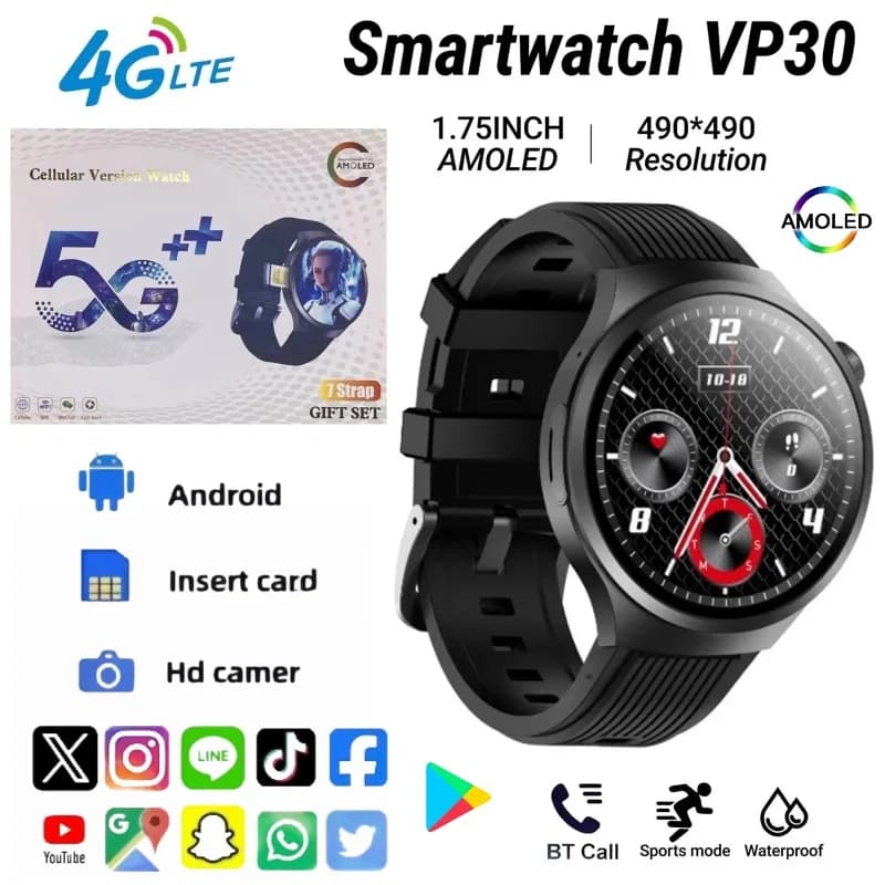 VP30 Smart Watch 4G/5G Android Bluetooth 1100Mah Batteria Google Play Store Frequenza cardiaca 500W Fotocamera GPS WIFI Smartwatch Uomo Donna