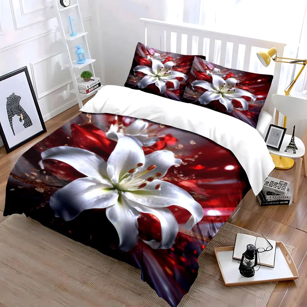 White Lily on Red Background Bedding Set 3PCS Elegant Floral Print Duvet Cover Pillowcases Modern Art Style for Bedroom Decor