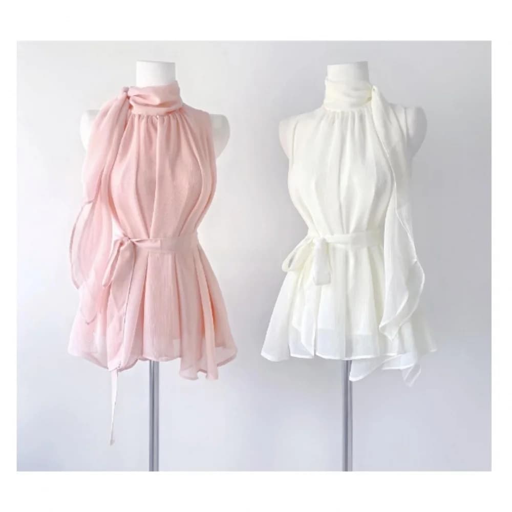 Chic Sweet Soft Pink Neck Hanging Sleeveless Chiffon Top by Zhi Che Two Ways to Wear It Summer Ultra Short round Neck Blouse