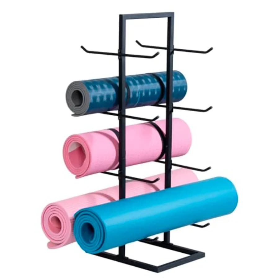 Porta Tappetini Yoga a 4 Livelli, Supporto per Rulli in Schiuma, Espositore Autoportante Bifacciale in Metallo Nero Opaco per Tappetini Fitness