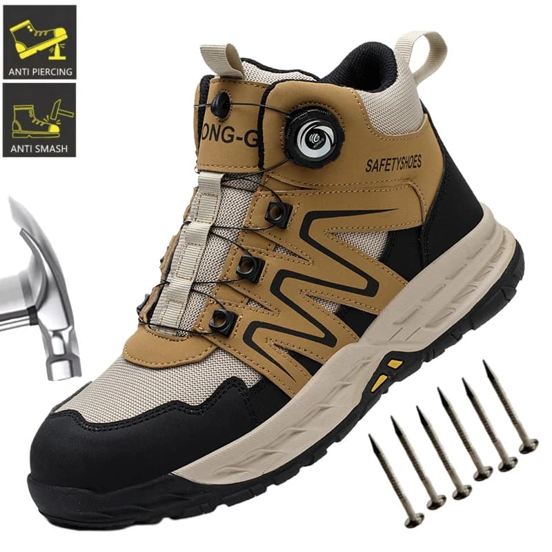 Scarpe Antinfortunistiche da Uomo con Punta in Acciaio, Leggere e Traspiranti, con Supporto alla Caviglia e Chiusura a Bottone Rotante