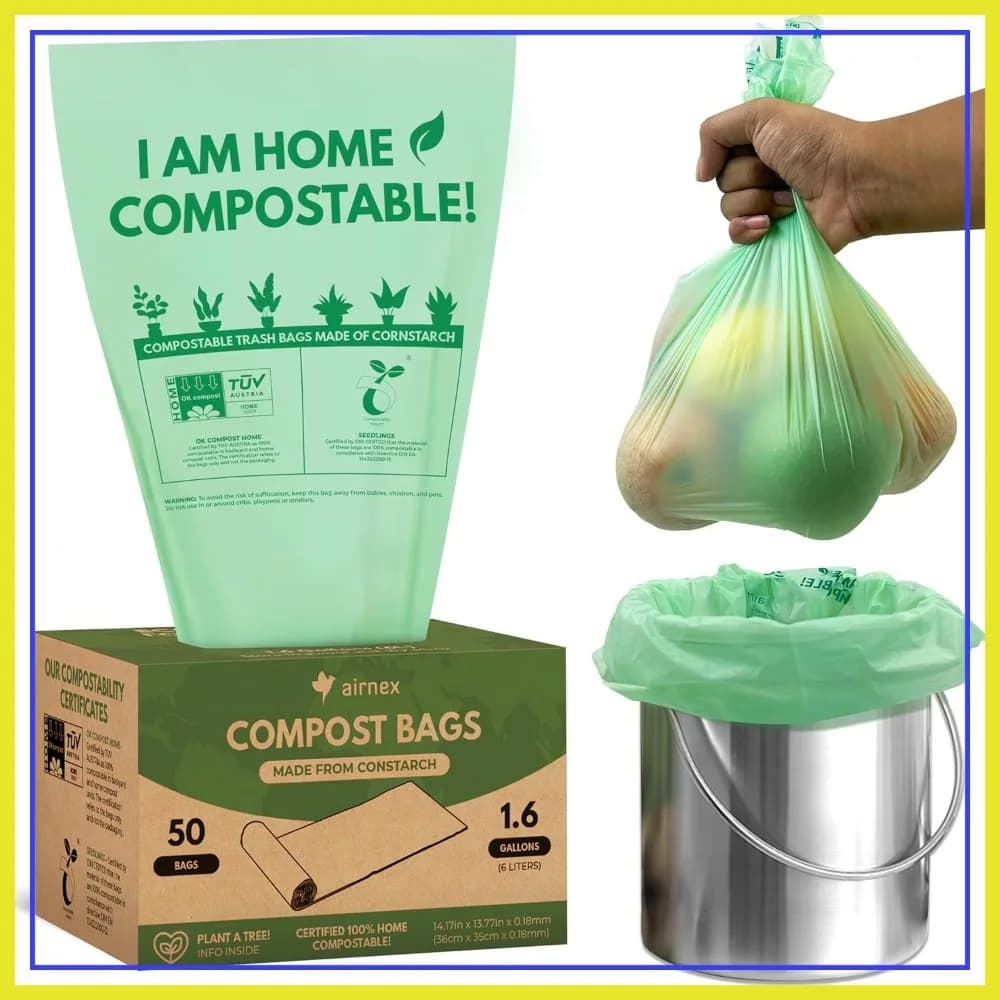 Sacchetti per Rifiuti da Cucina Compostabili da 1,6 Galloni, Confezione da 50 - Antiperforazione e Resistenti agli Strappi per Pattumiera da Bancone, Spessore 0,18 mm