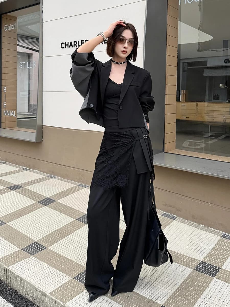 Spring 2026 Unique Double-Sided Wear Color Block Suit Short Jacket Wide Leg Pants Set Women's Fashionable Commute Style Polye...