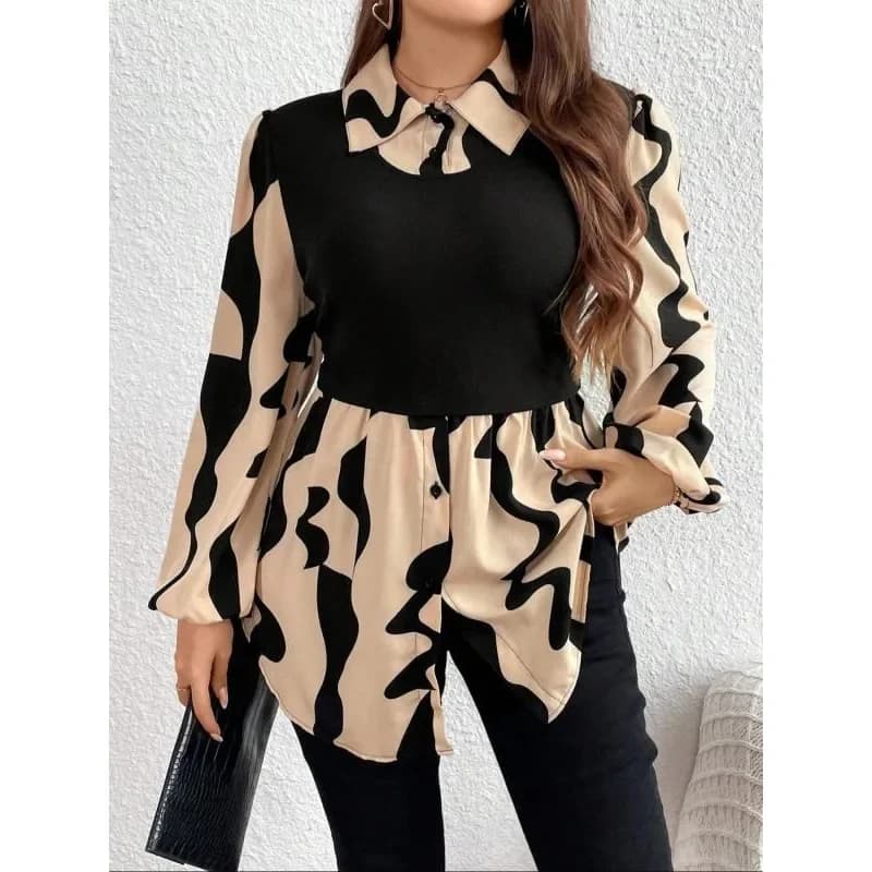 Shirts and shirts with casual folds wide women's long sleeves contrasting color strong sizes for women