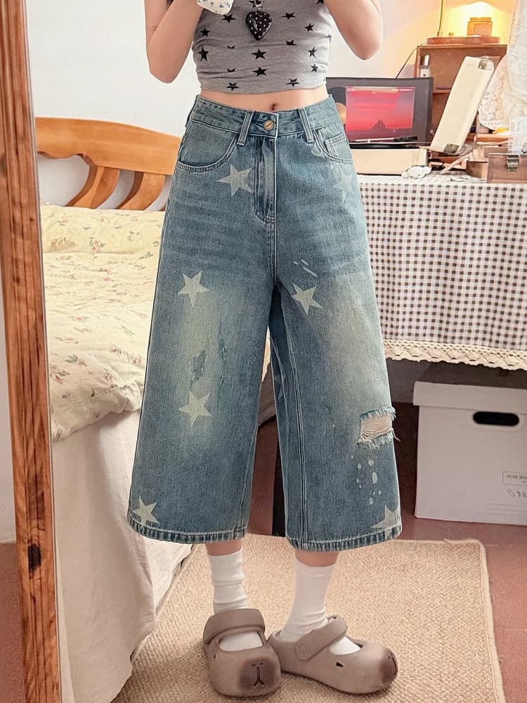 American Retro Star Print High Waist Wide Leg Jeans Casual Loose Slim Straight Casual Seven-Foot Pants for Women Summer