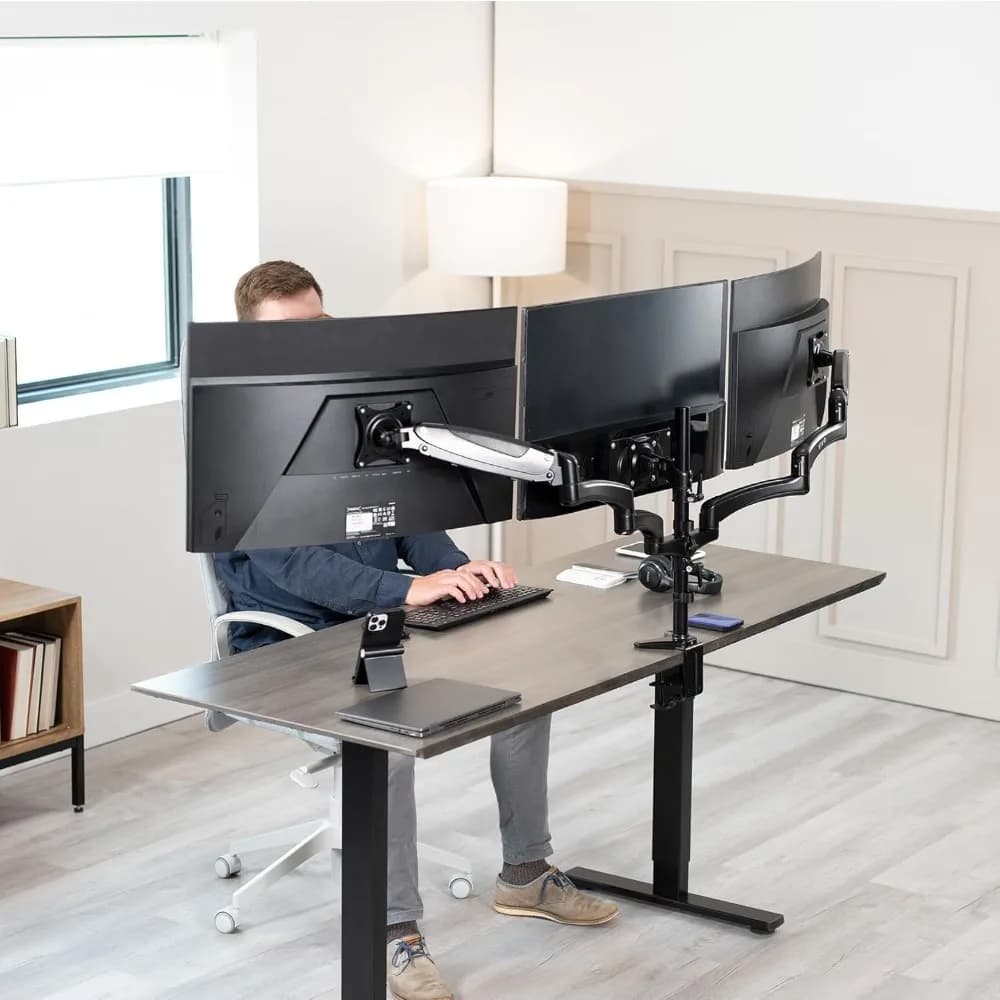 Pneumatic triple monitor support for 3 screens up to 32 inch, fully adjustable and durable desk support