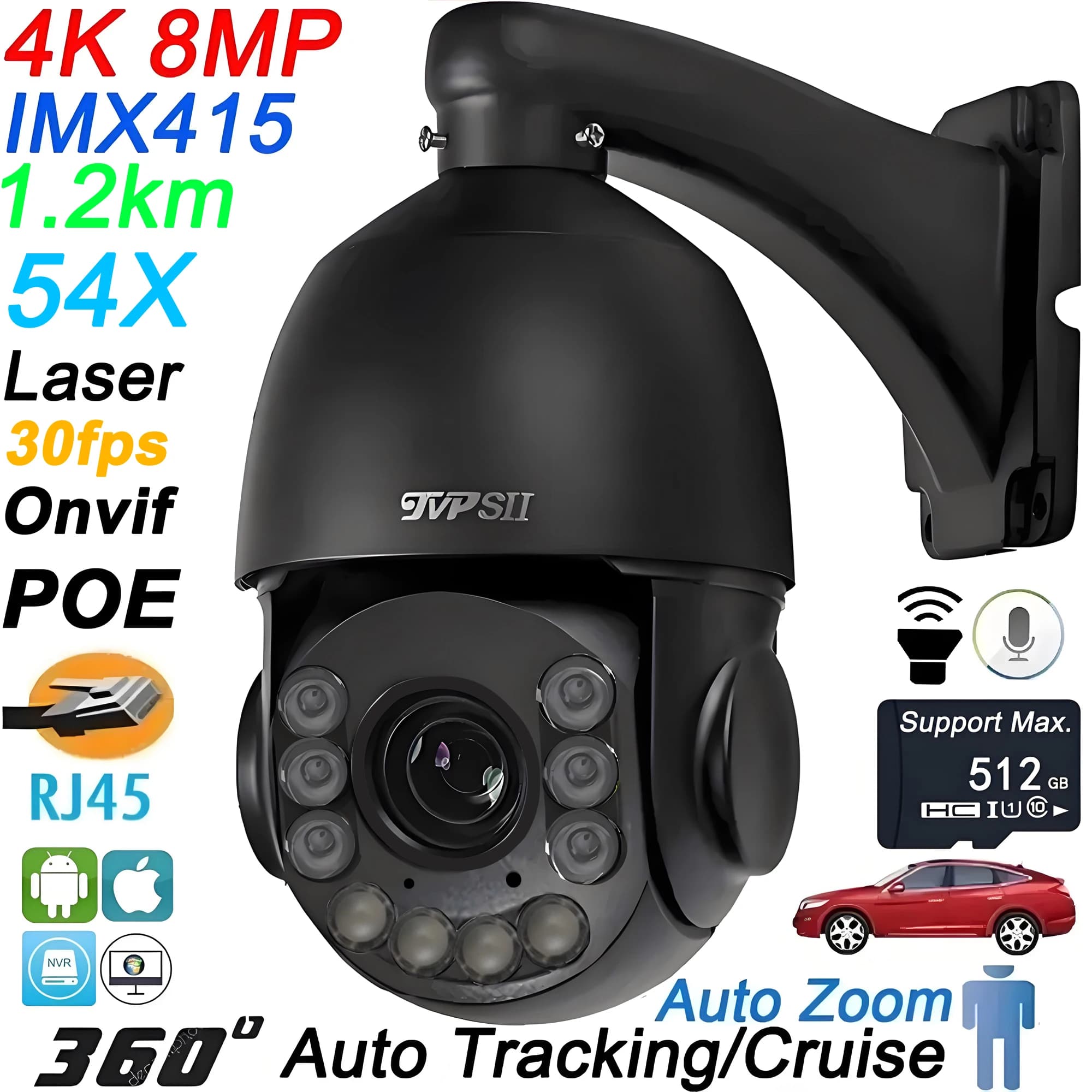 Laser Led Metallo Tracciamento automatico Crociera 30fps 8MP 4K 54X Zoom ottico 360 ° Telecamera IP di sorveglianza Speed Dome Audio Onvif POE PTZ