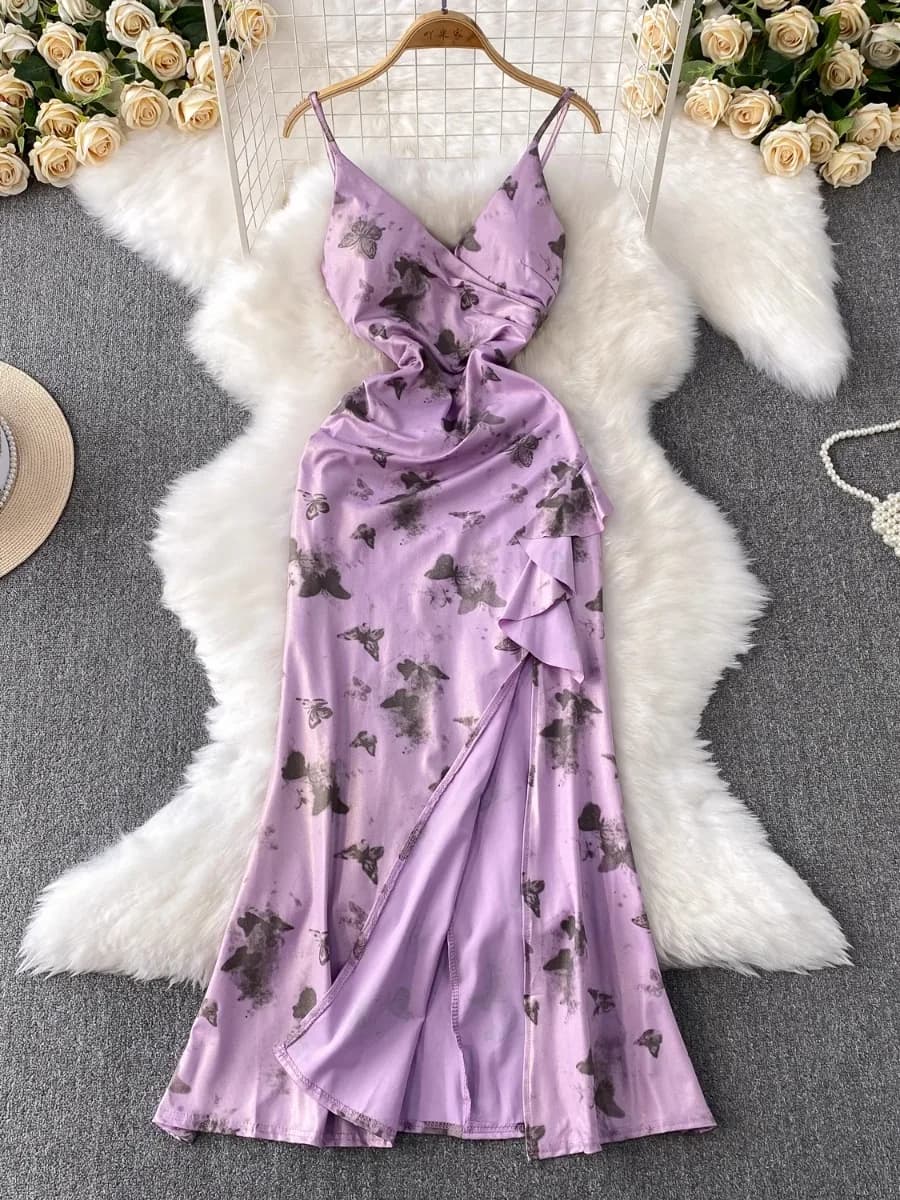 Foamlina Abito da donna con cinturino con scollo a V con stampa a farfalla viola morbido Abito da festa lungo con temperamento estivo con spacco in vita