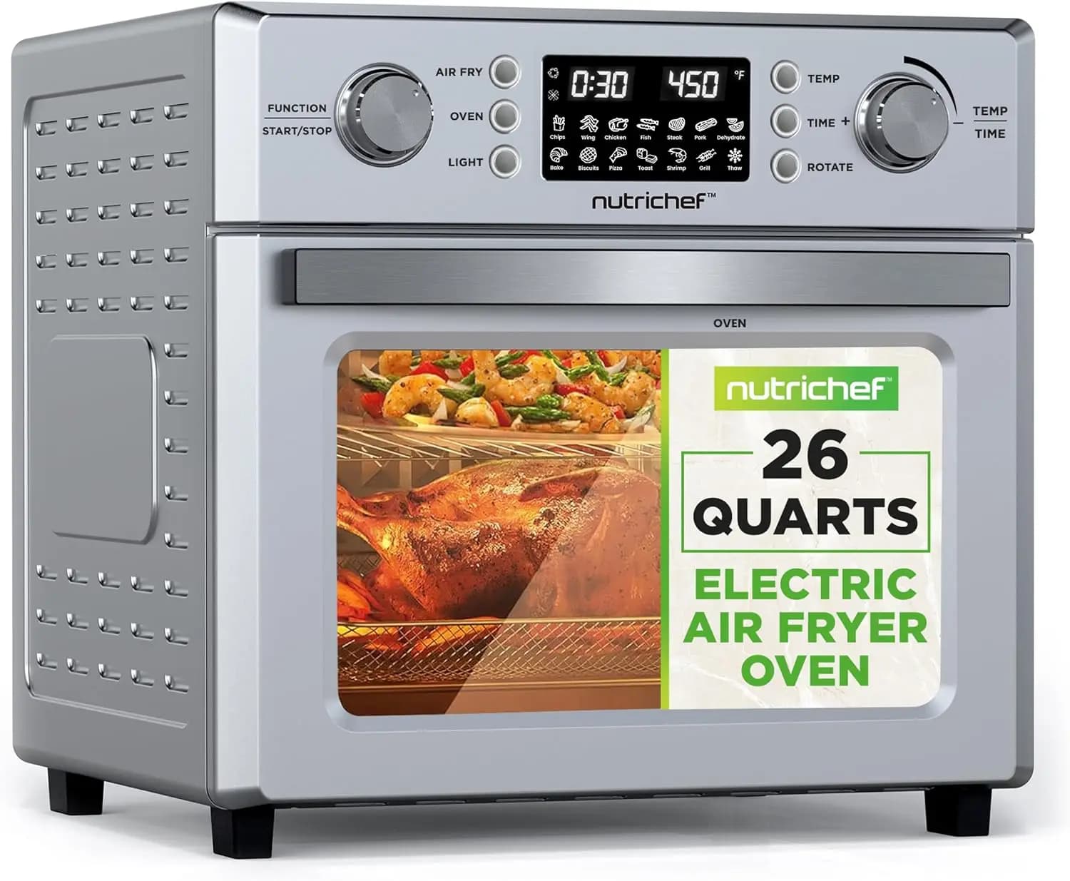 26-Liter Stainless Steel Electric Air Fryer Oven, 1700W Countertop Rotisserie and Air Fryer with 360° Rotating Function, 10 Pres