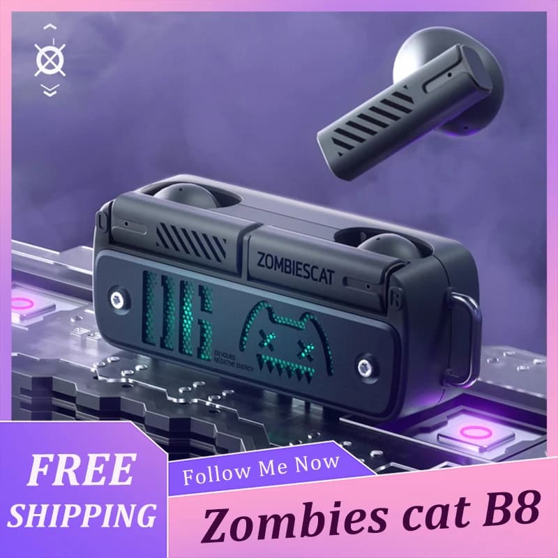 Zombies Cat B8 TWS True Wireless Earbuds ENC Noise Cancelling HD Calls Bluetooth 5.4 Headphones Gaming Headset Necklace Design