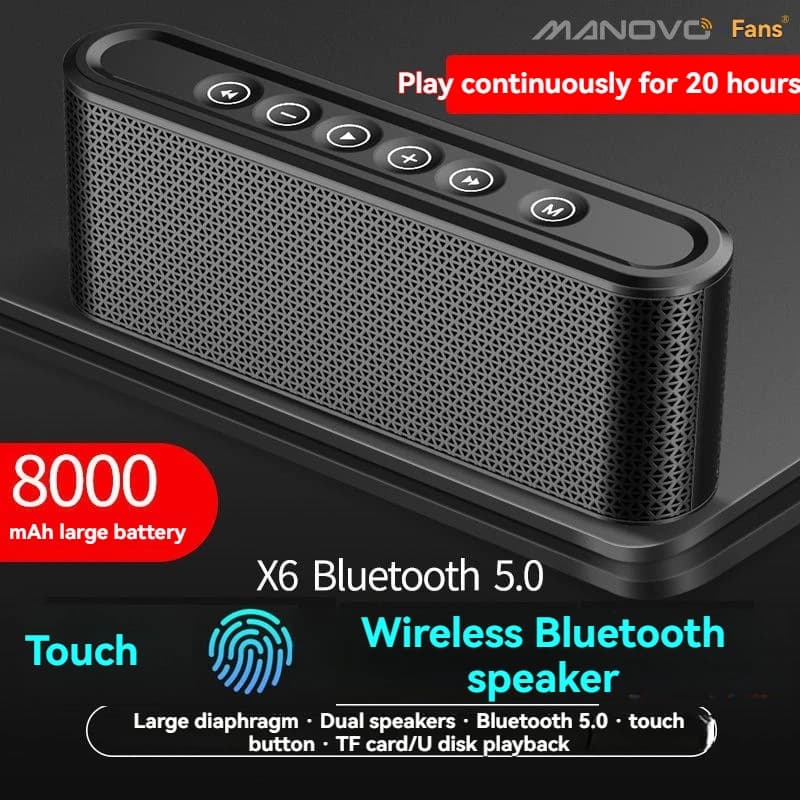 Altoparlante Bluetooth wireless X6 touch con riproduzione da USB, scheda TF, subwoofer, doppi altoparlanti, batteria grande da 8000mAh e power bank.