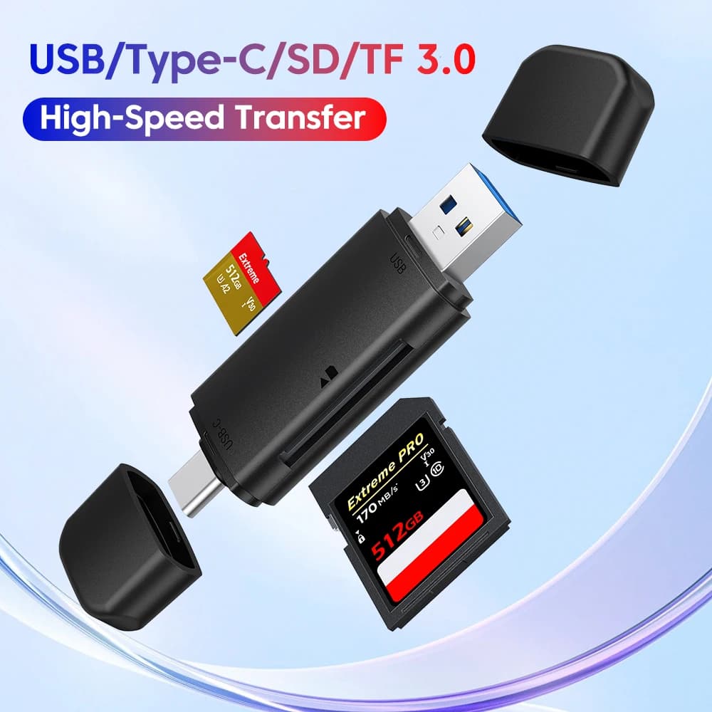 Lettore di schede USB 3.0 multifunzione 4 in 1 Tipo C Archiviazione esterna Nero elasticizzato per Memory Stick Lettore di schede SD TF USB C 3.0