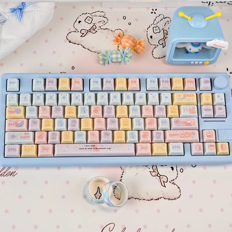 Jellyfish PBT Keycaps 130 Keys Cherry Profile Side Print Shine Through Custom Double Shot Key Caps Set For Mechanical Keyboard