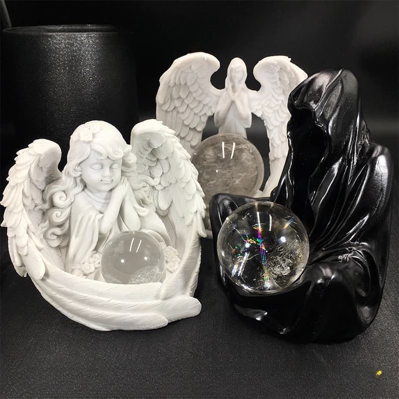 Angel Wing Resin Jewelry Storage Box with Crystal Ball Base,Heart-Shaped Feather Design-Creative Craft Organizer for Accessories