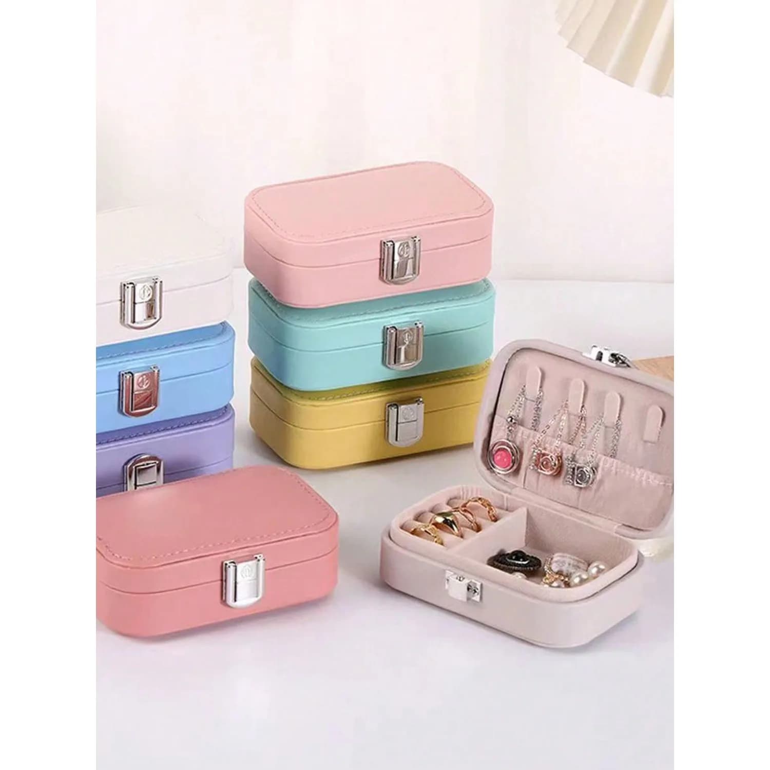 Scatola portaoggetti in pelle color macaron con fibbia per collane, anelli e presentazioni regalo (1 pezzo)