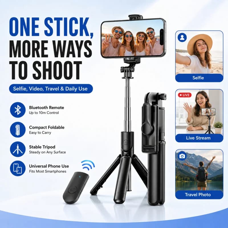 Treppiede Bluetooth per Selfie all'Ingrosso, Supporto Universale per Telefono con Riprese Orizzontali e Verticali, Asta Pieghevole Portatile per Smartphone