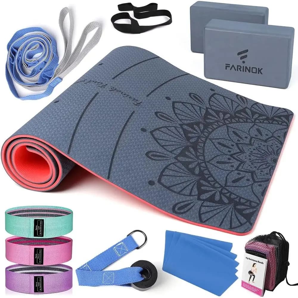 Set Tappetino Yoga Spesso 1/3 di Pollice per Principianti con Cinghia, Blocchi, Fasce per Glutei, Ancoraggio per Porta e Borsa per il Trasporto