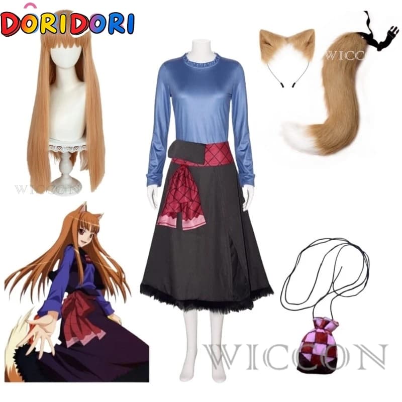 Holo Spice Wolf Cosplay Merchant Meat Spice Wolf Horo Cosplay Costume with Wig Tail Ear Sachet Suit Halloween Party Clothing