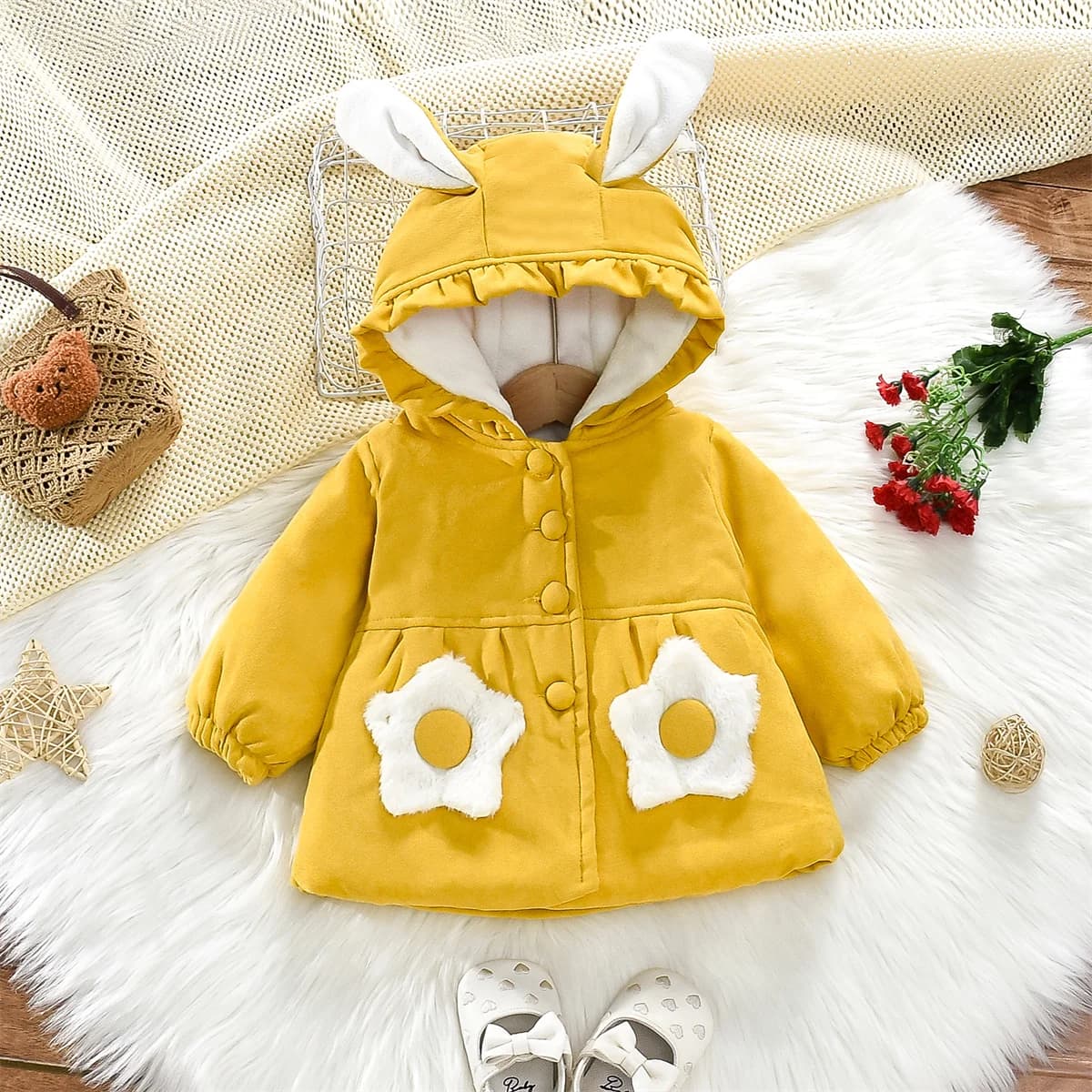 Giacca invernale da bambina in cotone imbottito con cappuccio caldo e carino monopetto cappotto capispalla ispessito antivento