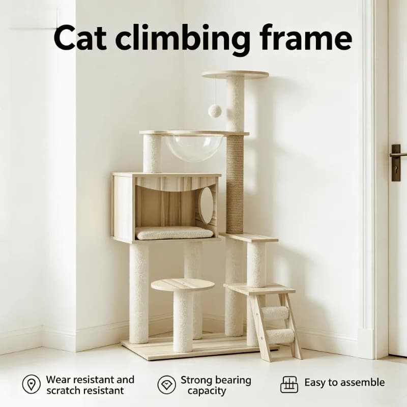Multi-Tier Double-Room Capsule Cat Tower Scratch Post Cozy Plush Bed Modern Indoor Compact Space-Saving Furniture for Cats