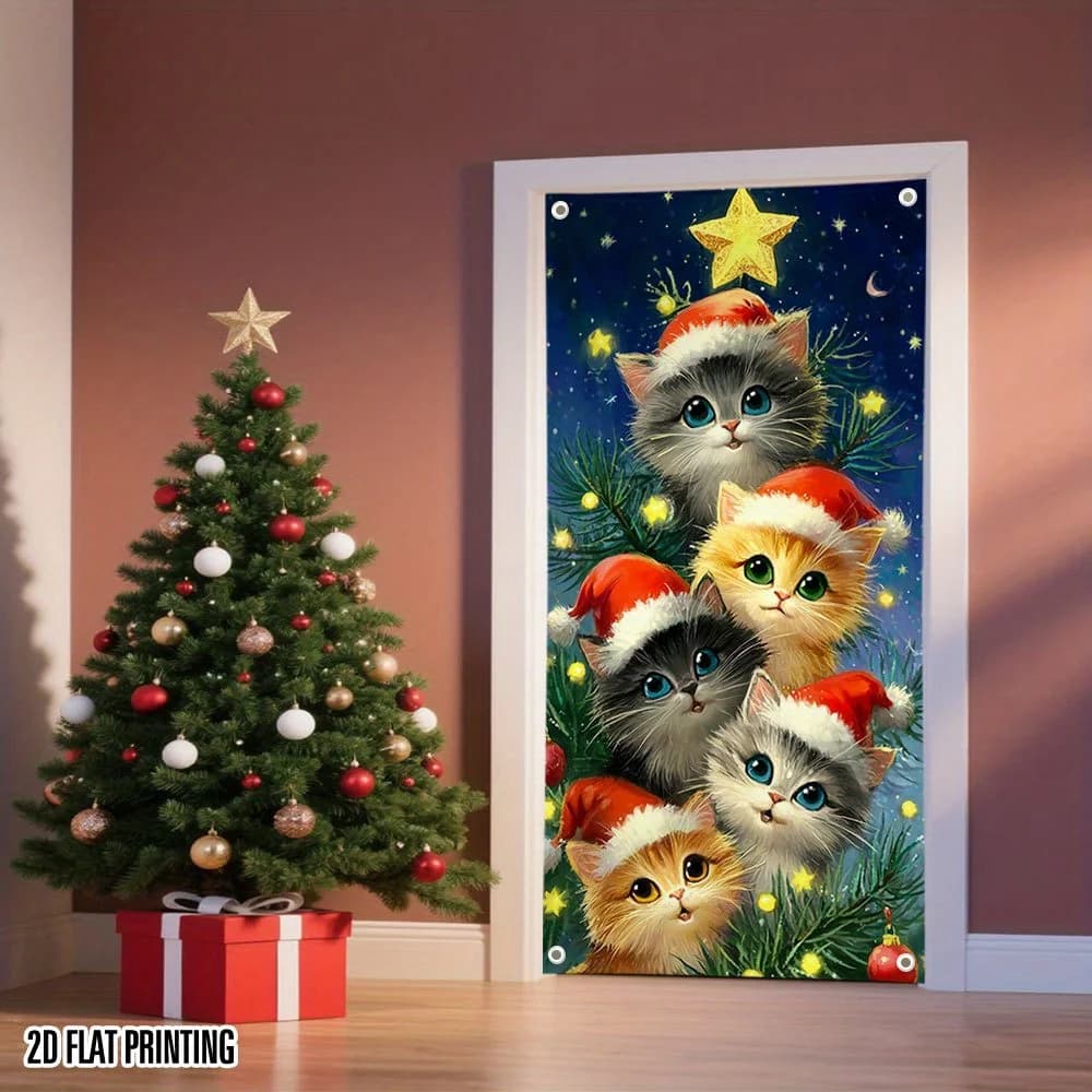 Banner piatto 2D 1 pezzo L'albero di gatto di Natale e i cappelli di Babbo Natale decora perfettamente l'ingresso di casa per Natale e Capodanno