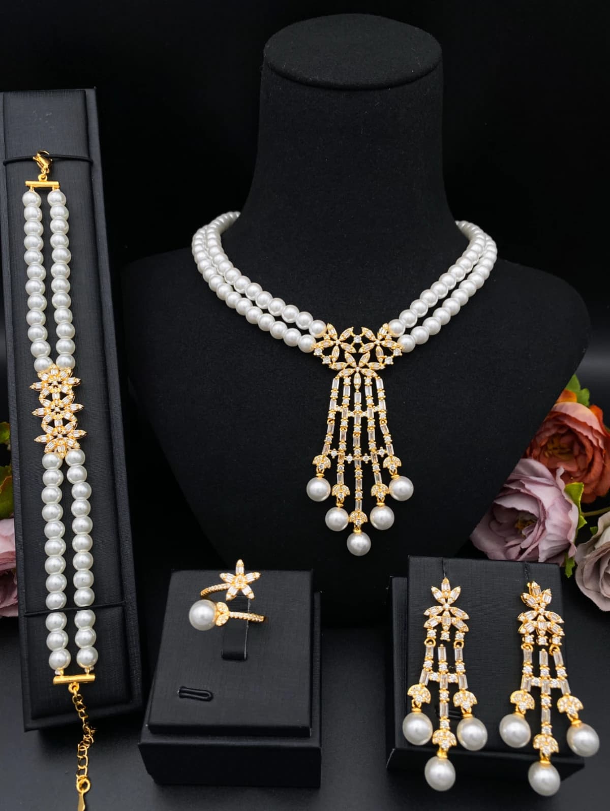 Falair Wedding Series Vintage Pearl Jewelry Set Gold Plated Zircon Copper Women's Bracelet Ring Necklace Earrings Full Accessory