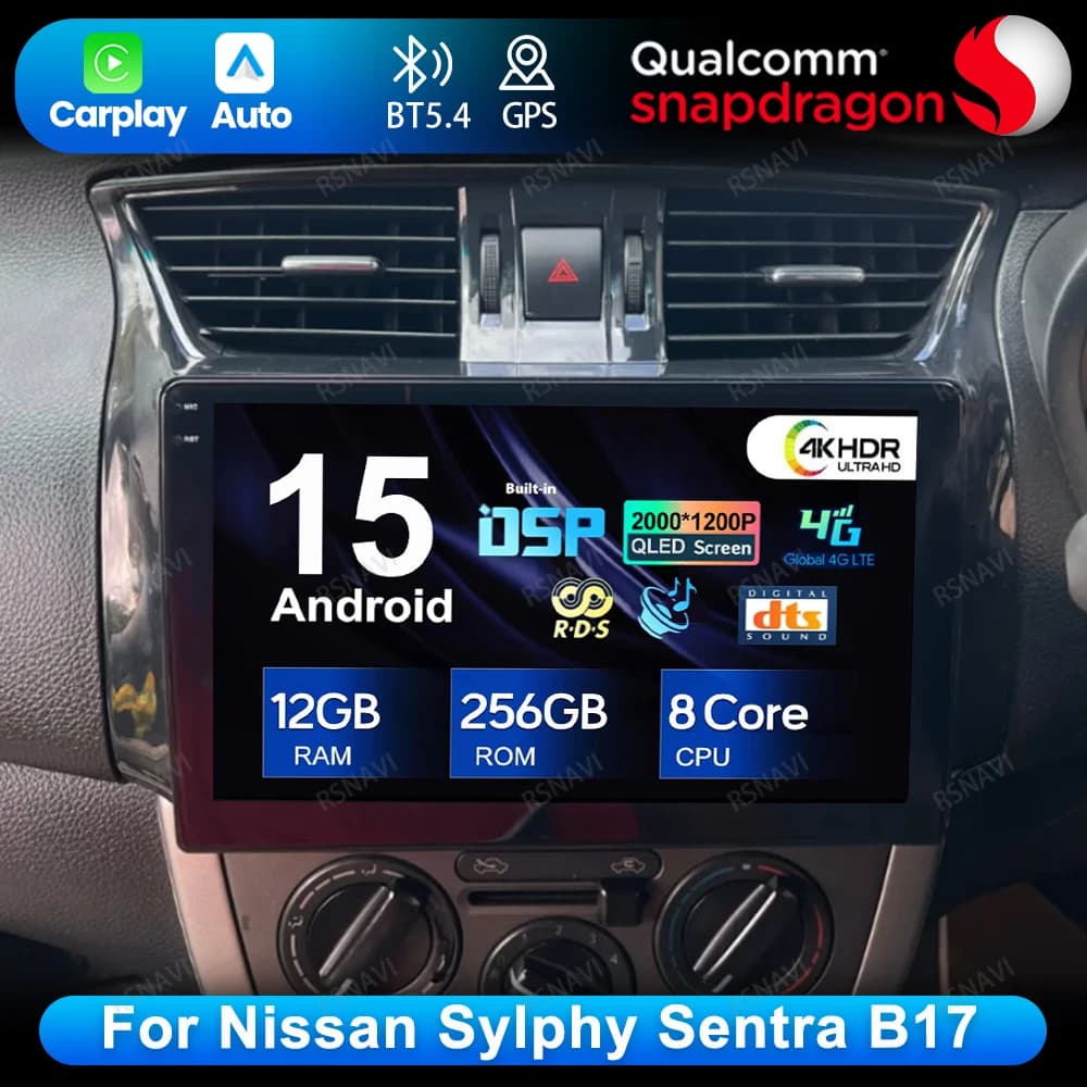 Android 15 For Nissan Sylphy Sentra B17 BT NO 2DIN Head Unit AUTO Qualcomm Multimedia 5G WIFI RDS DVD Autoradio Carplay DSP QLED