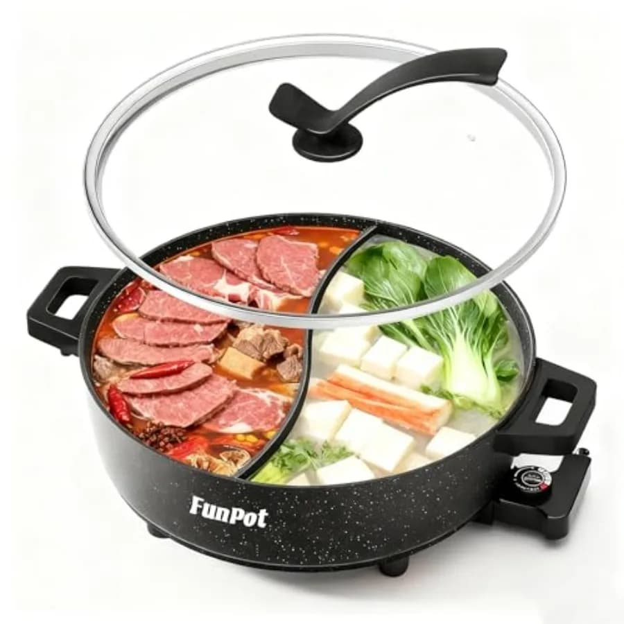 Pentola Elettrica da 6L con Doppio Divisorio a S, Controllo Intelligente della Temperatura, 5 Livelli di Calore, 1350W, Ebollizione Rapida, Pentola Antiaderente con Fondo Diamantato