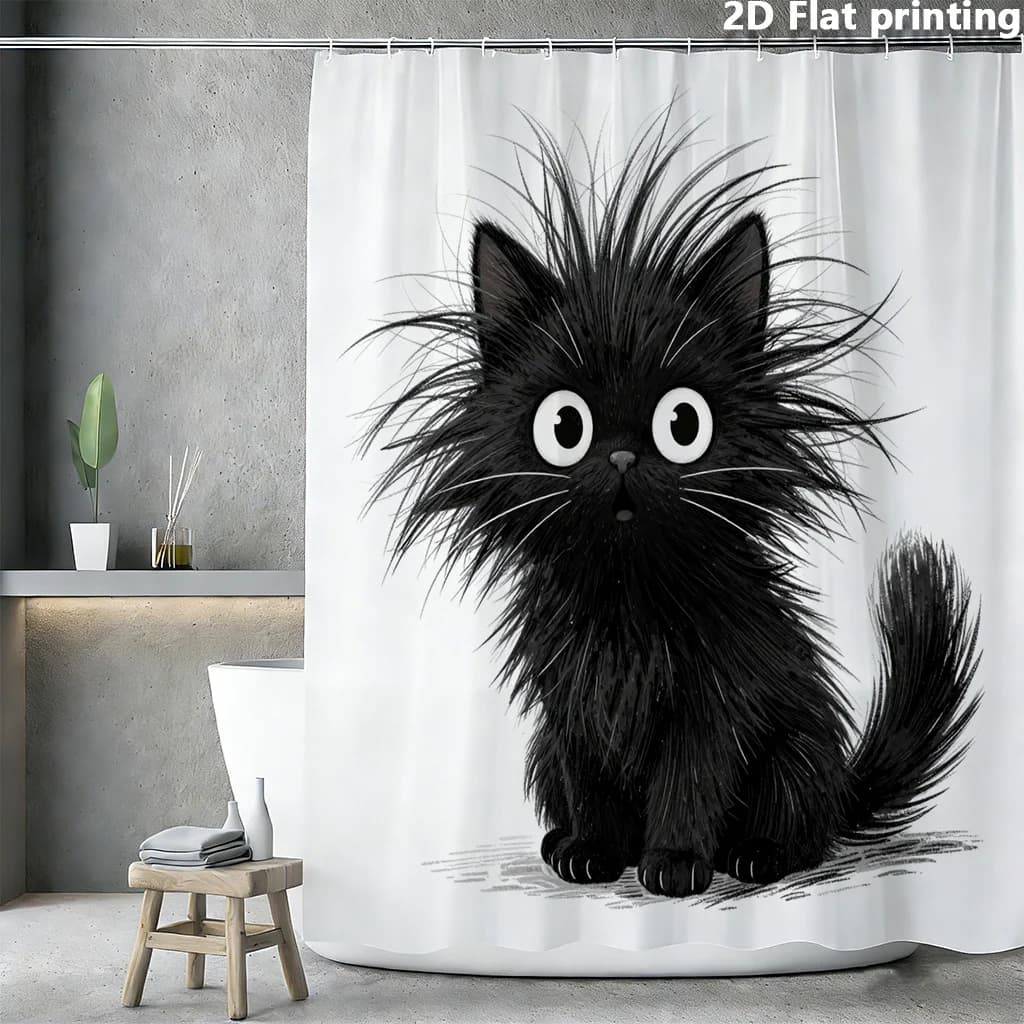 2D Flat, 2D Flat, 1qc 2D Flat Printing Shower Curtain | Cute Wild Black Cat with Big Eyes, Polyester, Suitable for Multiple Scen