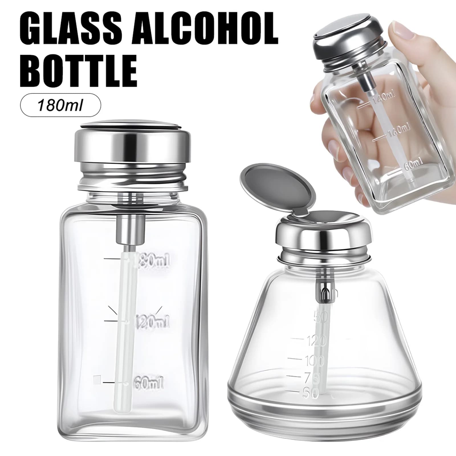 Flacone in Vetro da 180ml con Erogatore a Pressione per Solventi per Unghie, Acqua, Liquidi per Pulizia, Forniture Idrauliche