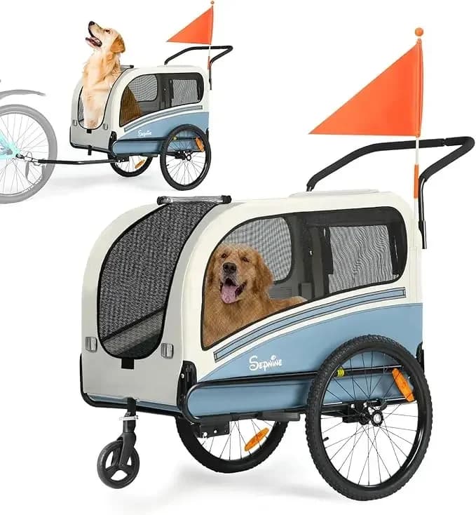 Rimorchio per bici per cani, supporta fino a 40 kg, passeggino 2-in-1 per animali domestici, carrello per bicicletta, telaio pieghevole facile con sgancio rapido.