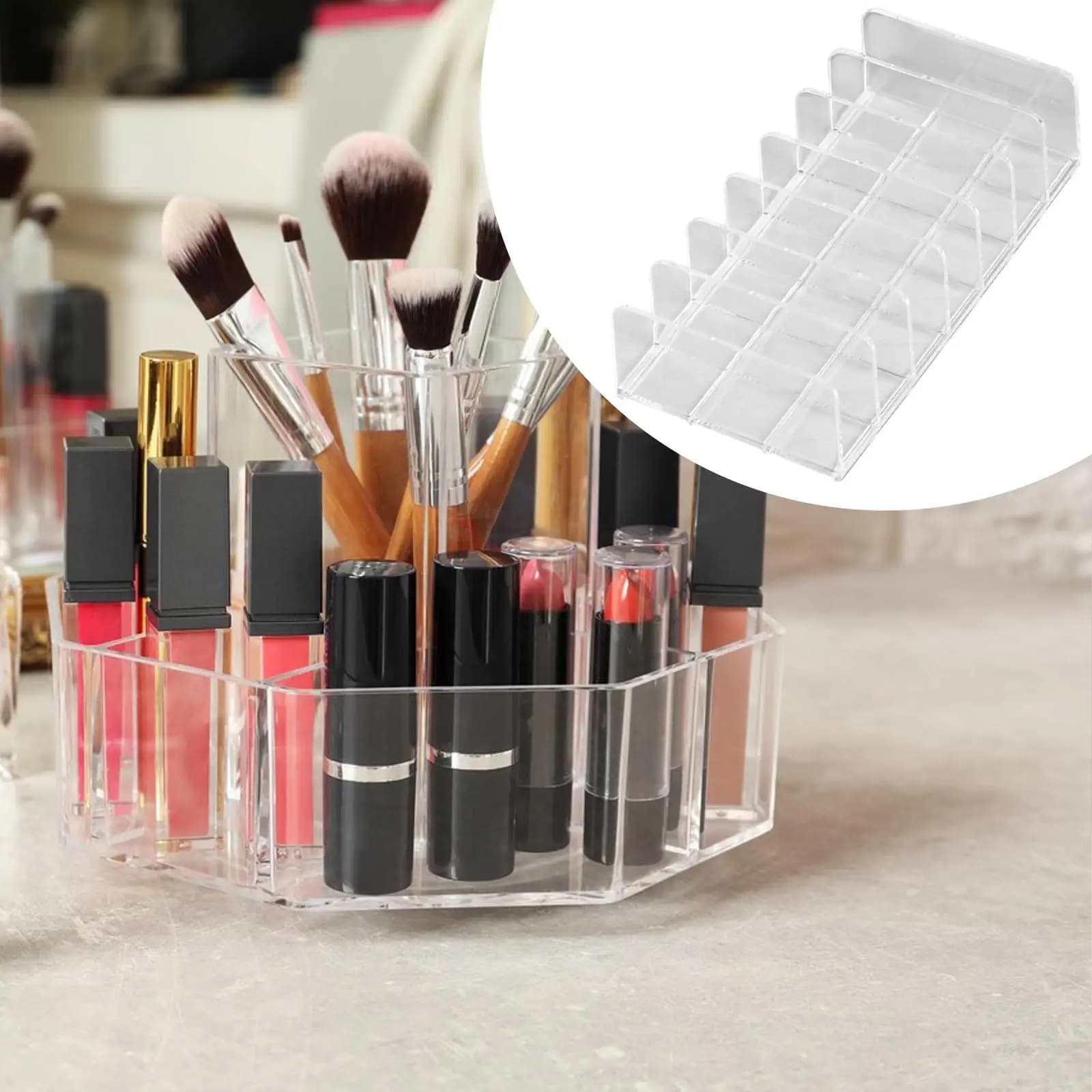 Acrylic eyelash organizer, compact, 7 compartments, umbrella palette organizer, transparent, for worktop, desk, bathroom