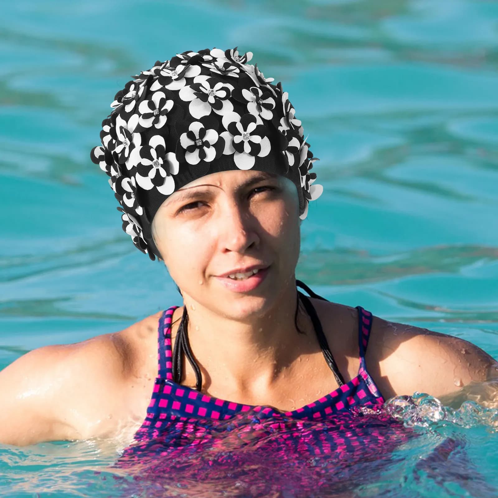 Flower Swimming Cap for Women Adults Large Stretchy Swim Hat Hair Protection Floral Swim Caps for Long Thick Curly Hair