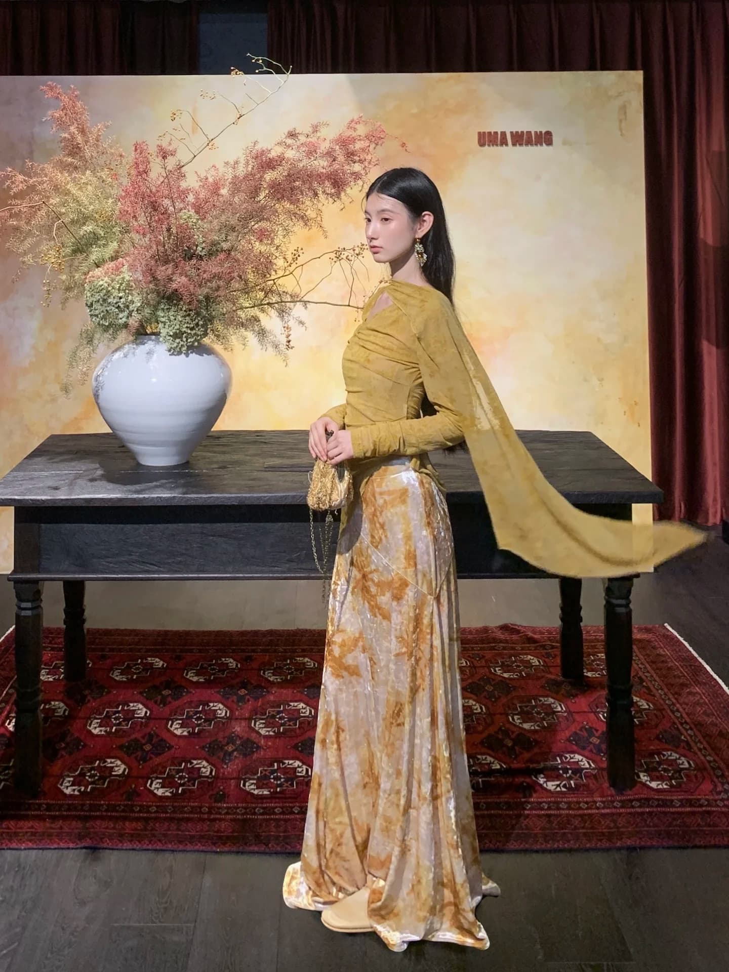 WalkinDark Gold Crane Branch Long Sleeve Knitted Top Velvet Plant Print Skirt Elegant Style Autumn Collection Women's Fashion