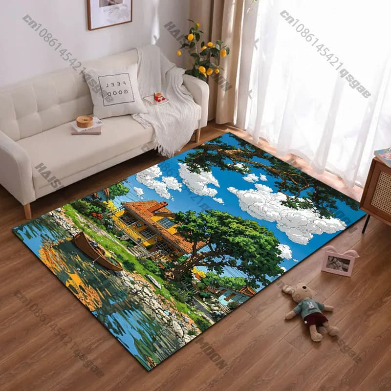 Affascinante tappeto con paesaggio di una casa sul lago, tappeto per yoga, decorazione per il soggiorno, tappetino per gattonare per bambini, tappetino per il gioco