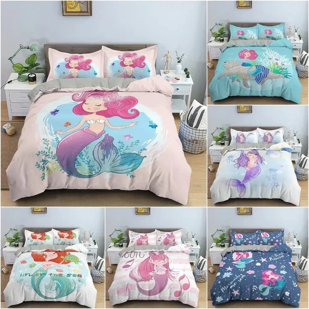 Set Copripiumino con Motivo Sirena Cartoon, Decorazione per Camera da Letto dei Bambini, Copripiumino per Letto Singolo, Matrimoniale e King Size