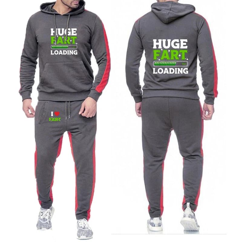 Completo sportivo da uomo 2026 con stampa 'Huge Fart Loading', tinta unita, per primavera autunno, casual da tutti i giorni, composto da felpa con cappuccio e pantaloni della tuta